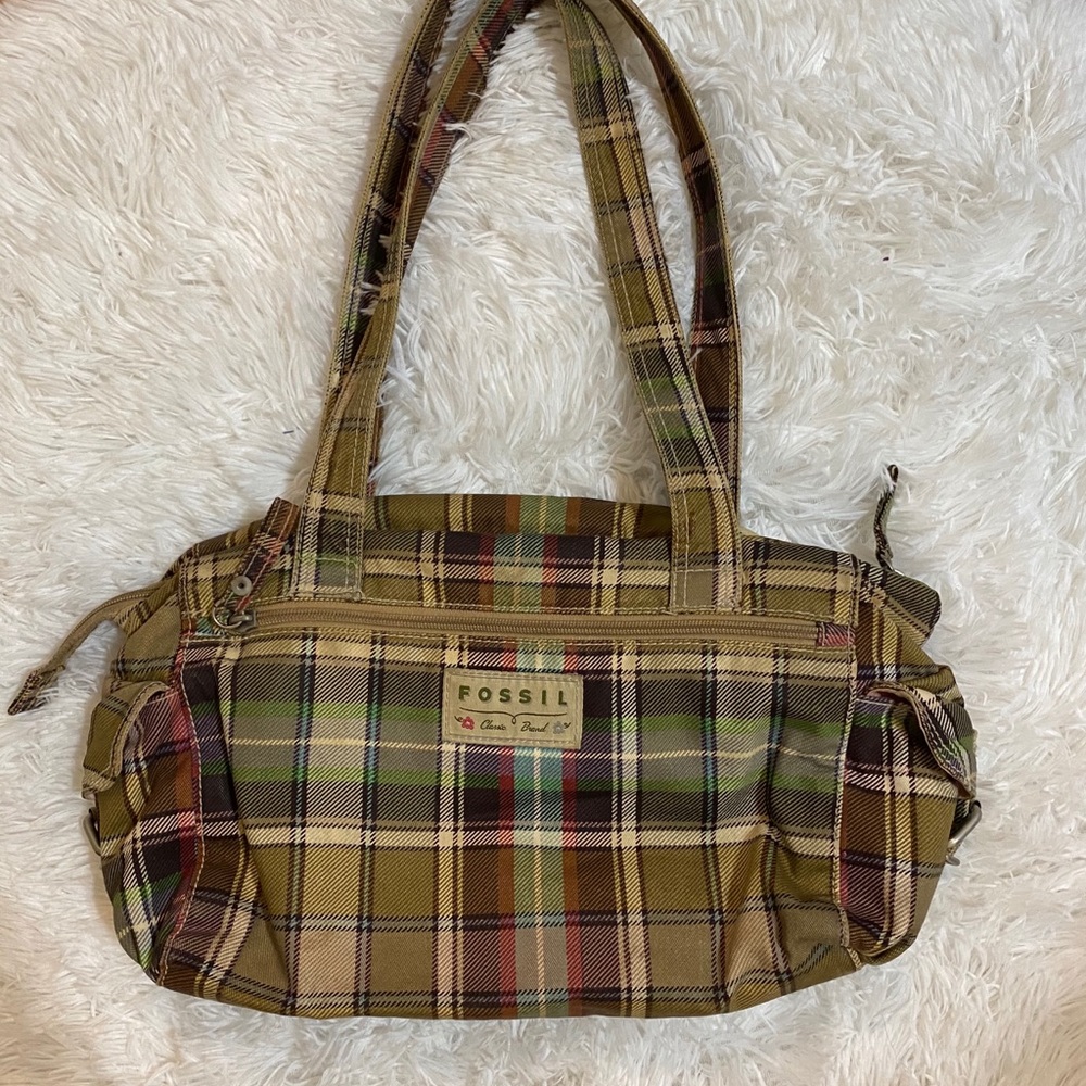 Fossil Plaid Zip up Bowling Shoulder Purse